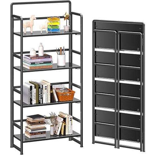 4NM No Assembly Folding Bookshelf, 4-Shelf 54" H Collapsible Foldable Bookcase Storage for Small Spaces, All Black