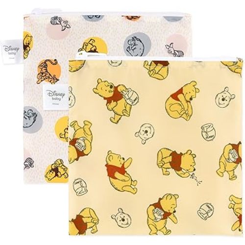 Bumkins Disney Reusable Sandwich and Snack Bags, for Kids School Lunch and for Adults Portion, Washable Fabric, Waterproof Cloth Zip Bag, Travel Pouch, Food-Safe Storage, Large 2-pk Winnie the Pooh