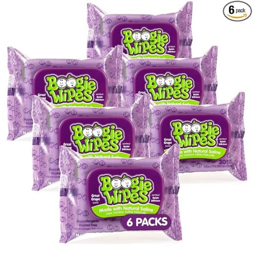 Saline Nose Wipes by Boogie, for Baby & Kids, Face, Hand & Body, Made with Vitamin E, Aloe, and Natural Saline, Grape Scent, 30 Count (Pack of 6)