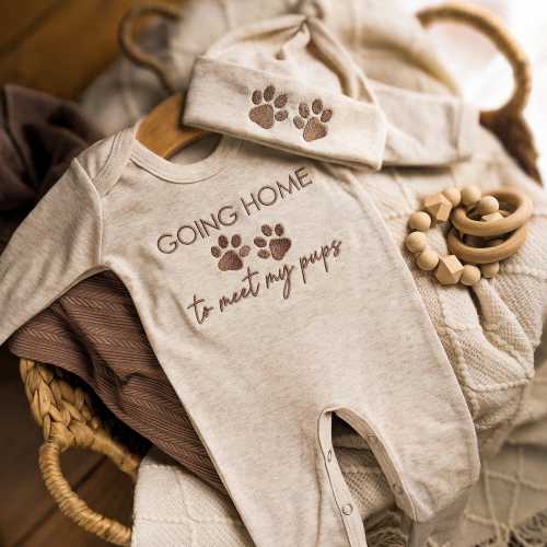 Going Home to Meet My Pups Baby Outfit - Baby Gift for Dog Lovers, Newborn Coming Home Outfit, Baby Boy or Girl Custom Embroidered Romper