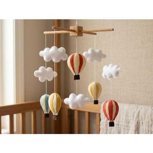 Hot Air Balloon Baby Mobile, Nursery Crib Mobile Felt, Neutral Baby Room Decor, Handmade Cloud Mobile, Baby Shower Gift, Montessori Mobile