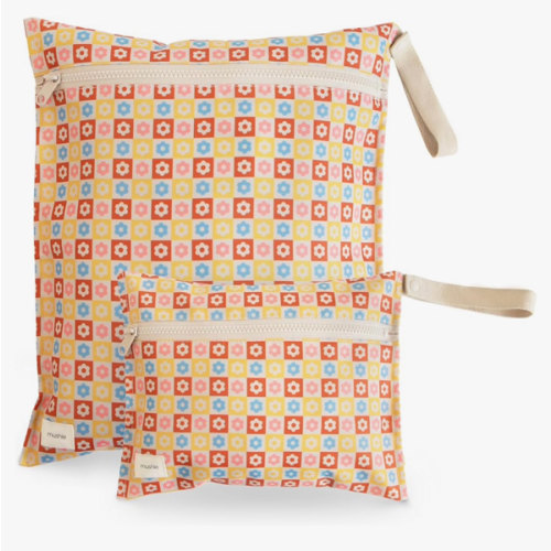 mushie Water Resistant Wet Bags | Large & Small Reusable Storage Bag for Baby Items and Travel | Zippered Pockets with Handle | Machine Washable, Set of 2 (Happy Flowers Check)
