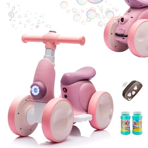 JoyRydz 6V Electric Baby Balance Bike with Bubble Machine,4 in 1 Toddler Balance Bike w/Remote for 1 Year Old Boys Girls Kids Bubble Bike Ride on Toys w/Powered Motor,Music,LED Lights (Purple)