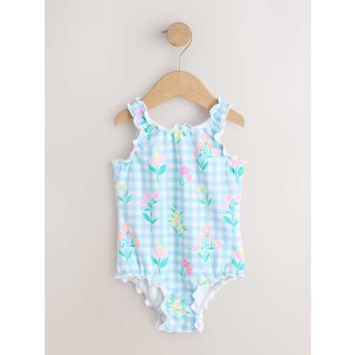 Blue Floral Gingham Lettuce Edge Swimsuit (3mths-7yrs)