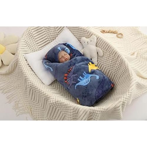 Flannel Baby Blanket Reversible Super Soft Blankets for Boys Girls Infant Newborn Sherpa Receiving Blankets for Crib Stroller Blue Dinosaur 30" x 40"