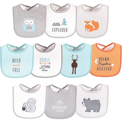 Hudson Baby Unisex Baby Cotton Terry Drooler Bibs with Fiber Filling, Neutral Woodland, One Size