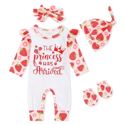 GRNSHTS Newborn Baby Girl Romper Infant Letter Print Jumpsuit Floral Bodysuit+Hat+Headband+Gloves Coming Home Clothes Outfits