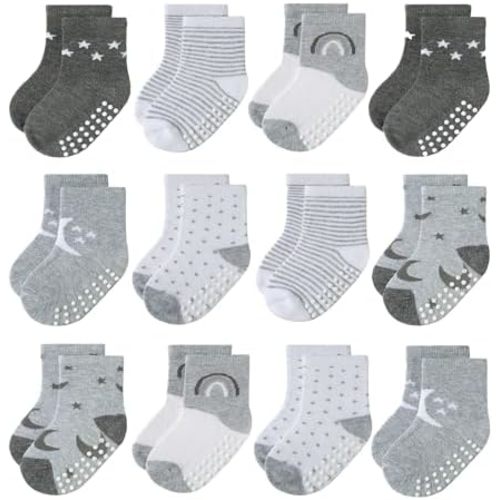 JAKIDAR Baby Toddler Grip Socks, 12 Pairs Non-Slip Crew Cotton Socks for Girls Boys