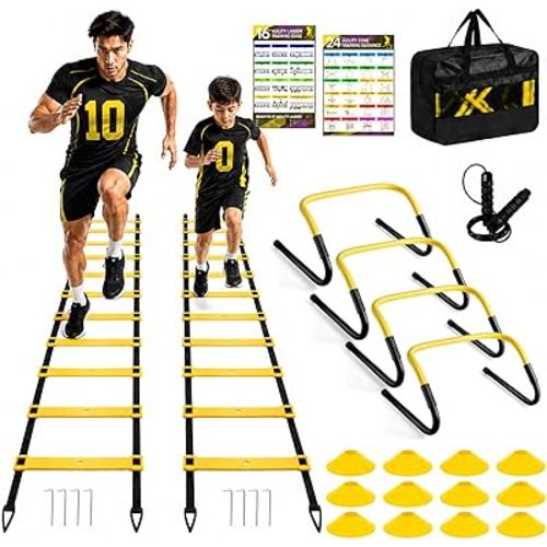 BORNEW 2 Pack Agility Ladder, Soccer Speed Training Equipment Set with Total 26 ft Agility Ladder, 12 Cones, 4 Adjustable Hurdles, Jump Rope, for Soccer, Basketball, Football, Kids, Youth, Adults
