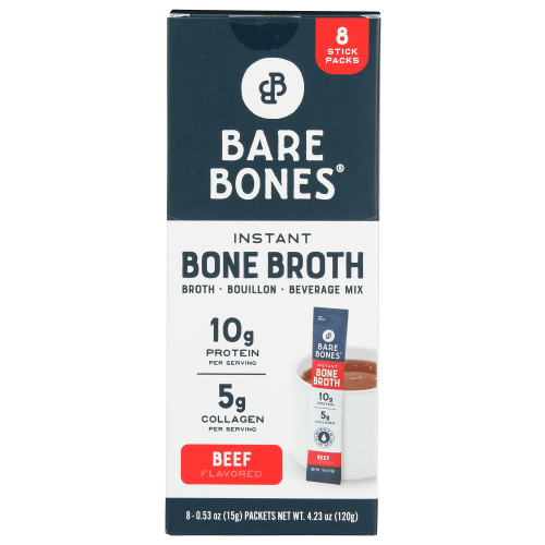Bare Bones Instant Beef Bone Broth Sticks, 10G Protein, 4.23 oz, 8 Count