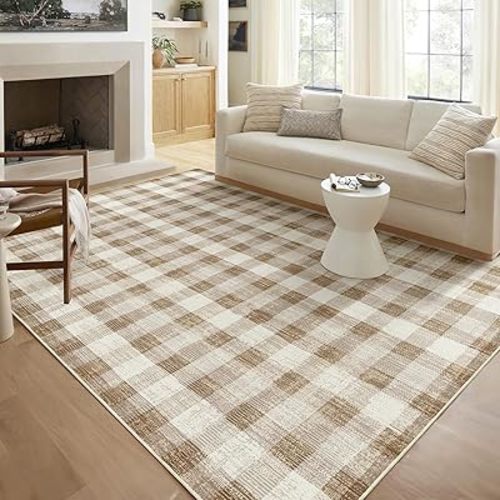 COLORPAPA Checkered Area Rug 8x10, Washable Rugs for Living Room, Modern Neutral Non Slip Indoor Carpet for Bedroom Office Patio Dining Room (Brown)