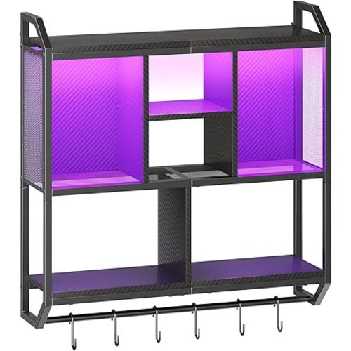 HOOBRO Gaming Floating Shelves with LED Lights, 28.7" LED Wall Mounted Shelf, 3-Tier Display Rack for Wall Storage, Floating Rack with Hanging Rod and 6 S-Hooks, for Gaming Room, Black BB70DBJ01