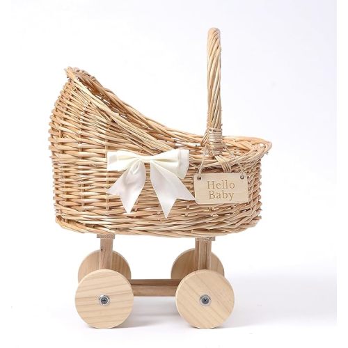 15.7 Inch Decorative Wicker Carriage-Shaped Basket for Baby Shower Centerpieces - Woven Rattan Flower Basket, Vintage Willow Planter for Table Decor, Boho Party Decoration & Photography Prop, Medium