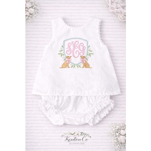 Embroidered Puppy Monogram Baby Outfit | Custom Initial Bloomers