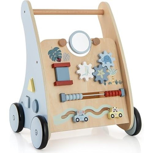 HONEY JOY Baby Push Walker, Wooden Infant Walker Activity Center with Shape Sorter, Develop Motor Skills & Creativity, Push Toys for Babies Learning to Walk, Gift for Boys and Girls, Blue