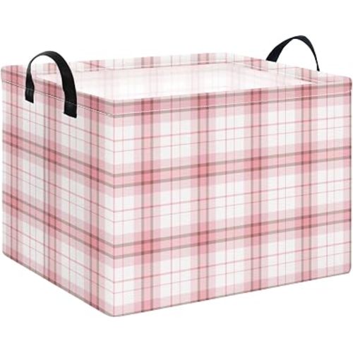 Pink Plaid Waterproof Multipurpose Foldable Storage Cift Basket with Leather Handle,Baby shower,Home,Picnic,Trunk(Pink Plaid)