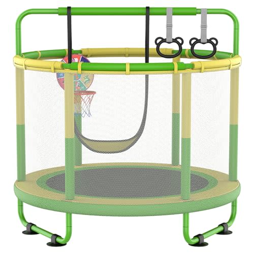 LANGXUN 60" Trampoline for Kids, 5ft Toddler Mini 6-in-1 Trampoline Indoor Outdoor with Swing, Basketball Hoop, Dart Board, Gymnastics Bar, Rings, Christmas Toys Birthday Gifts for Girls Boys Age 3-8