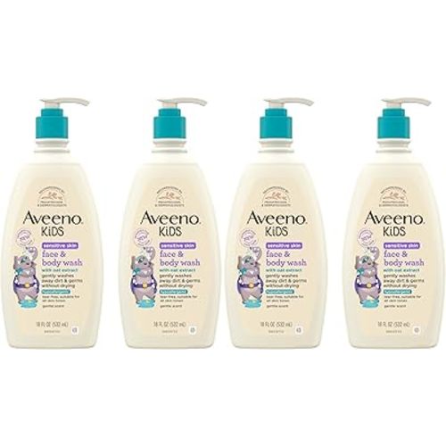 Aveeno Kids Sensitive Skin Face and Body Wash with Oat Extract,Gently Washes Away Dirt and Germs Without Drying,Tear-Free,Hypoallergenic Kids Body Wash,18 fl. oz,(Pack of 4)