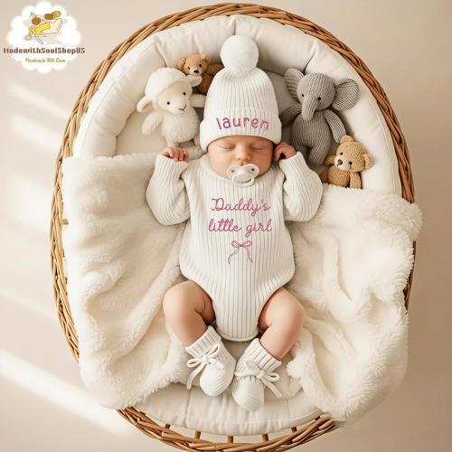 Embroidered Daddy Little Girl Ribbon Ruffles Romper, Daddy Daughter Baby Clothes, Coquette Bow Baby Knit Bodysuit, Cute Newborn for Girls