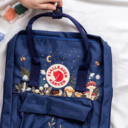 Embroidered Backpack, Mushrooms Embroidered Fjallraven Kanken, Custom Backpack Embroidery Sunflowers, Mushrooms, Flower Embroidered Rucksack