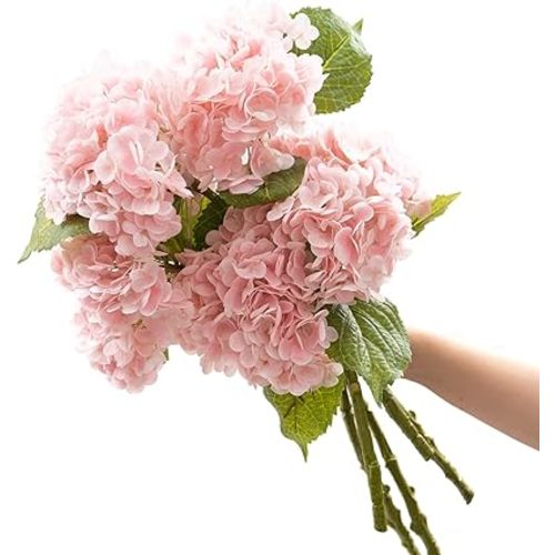 CXGS Artificial Hydrangea Flower 5PCS 21.7 inch Real Touch Faux Flowers Large Light Pink Fake Flower DIY Bouquet Hydrangeas with Long Stem for Home Party Wedding Centerpieces Decor
