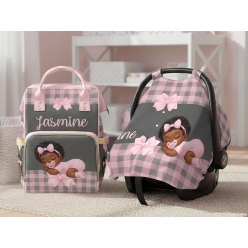 Girl Diaper Bag Bundle Black Baby in Pink Bow Car Seat Cover Custom Baby Name Personalized Baby Shower Gift Waterproof Mommy Bag Gift Idea