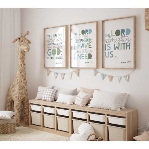 Set of 3 Bible Verse Prints, Christian Wall Art, Boys Nursery Prints, Boys Bedroom Decor, Nursery Decor, Scripture Prints, Blue Sage Green