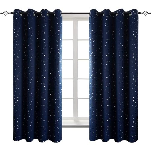 BGment Blackout Curtains for Boys Bedroom 63 Inch Long - Navy Blue 2 Panels | Silver Star Printed, Grommet top, for Children Nursery Play Room, Blackout, Thermal Insulated, Window Drapes, 52x63 Inch