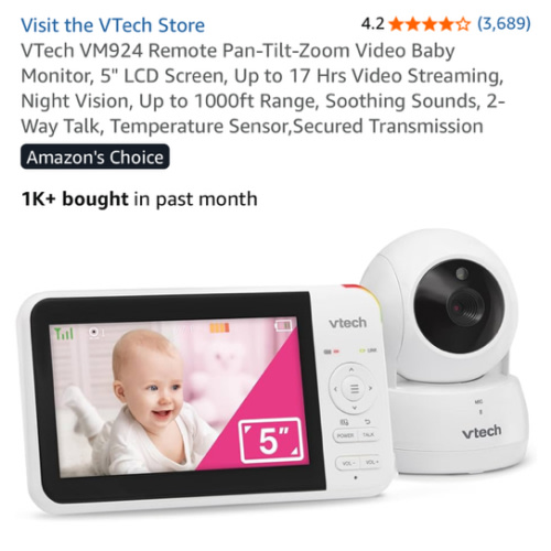 VTech VM924 Remote Pan-Tilt-Zoom Video Baby Monitor, 5" LCD Screen, Up to 17 Hrs Video Streaming, Night Vision, Up to 1000ft Range, Soothing Sounds, 2-Way Talk, Temperature Sensor,Secured Transmission