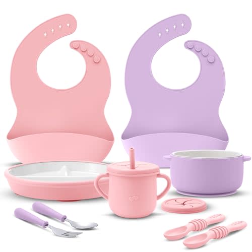 9 Pcs Porcelain Kids Plates and Bowls Feeding Set with Suction, Ceramic Baby Toddler Divided Plates Silicone Sleeve Bowls Forks Spoons Cup Bib Microwave Dishwasher Safe(Pastels)