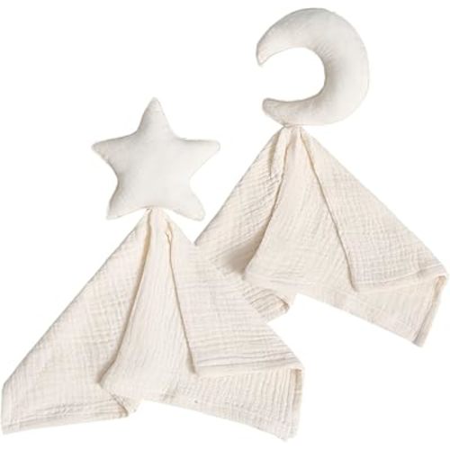 insular Baby Lovey Blanket for Boys and Girls, Organic Cotton Muslin Security Blanket for Babies, Soft Breathable Lovie Soothing Towel for Newborn and Infant, Star&Moon (Beige)