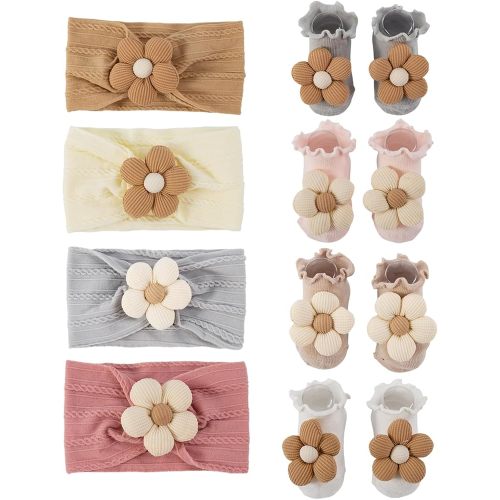 4 Pairs Baby Socks + 4 Flower Headbands Set Big 3D Flower & Ruffled Trim Non-Slip Socks 0-6 Months Toddler Newborn Infant Girl