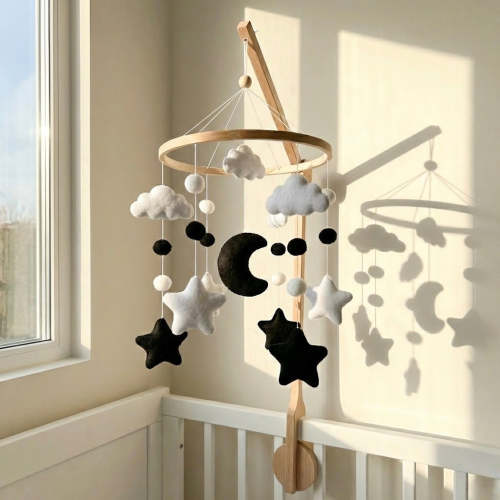 Minimalist Baby Mobile - Hanging Moon, Stars and Clouds in Black & White, Perfect for Gender-Neutral Nursery