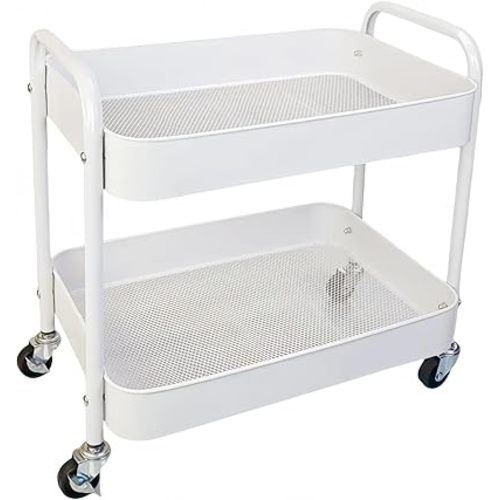 2 Tier Metal Rolling Cart with Wheels for Under Desk Storage & Pantry Storage, High Load-Bearing Kitchen Utility Cart for Small Space, Laundry Room Organization Side Table with 4 Hooks, White