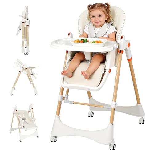 3-in-1 Baby High Chair with Soothing Rocker | Convertible Baby High Chair for Babies and Toddlers | Brake Wheels, Easy Clean, Space Saving | Adjustable, Removable Tray (White)