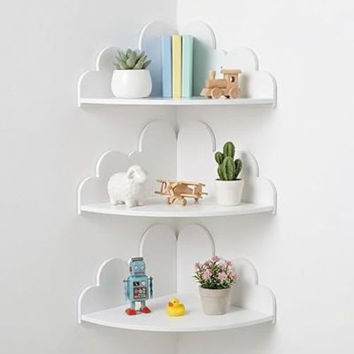 Cloud Floating Corner Shelves - Set of 3 Cloud Corner Wall Shelves for Kid’s Room White Floating Shelf Nursery Wall Deor Small Cute Clouds Dispaly Shelf for Toys Plants & Storage