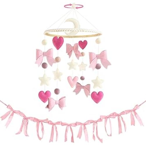 Pink Bow Baby Crib Mobile with Pink Ribbon Bow Garland Banner Handmade Coquette Birthday Party Decorations Bow Nursery Decor Girls Bedroom Hanging Mobile for Baby Shower Newborn Gifts