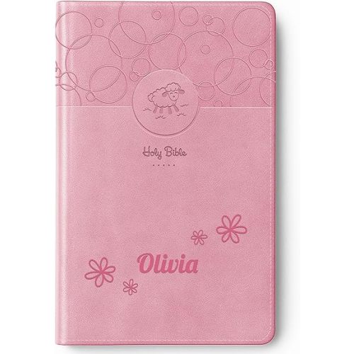 Printualist Personalized Gift Baby’s Bible with Custom Name, New International Version, Pink, Red Letter Edition, Comfort Print, Faux Leather