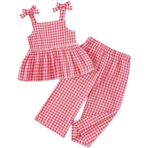 Weebaby Toddler Girl Clothes Infant Summer Outfits Baby Ruffle Tank Top Gingham Loose Pants Kid Baby Girls' Clothing