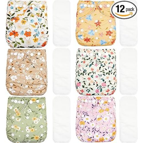 CoolaPeach 12 Set Reusable Adjustable Cloth Diapers for Newborn to 0-3 Years,One Size Washable Pocket Nappy Covers for Baby Girl and Boy,6 Pack Cloth Diapers+6pcs Microfiber Inserts (NCP05)