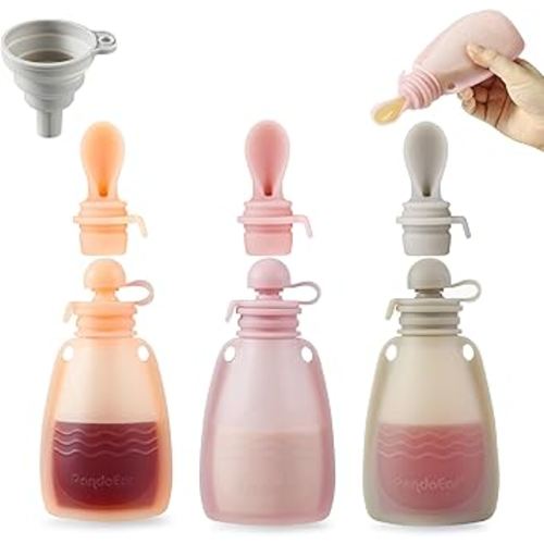 PandaEar 3 Pack Reusable Silicone Baby Food Pouches Squeeze Pouches for Toddler Kids with 3 Silicone Puree Feeder Spoon BPA-Free Silicone Refillable Baby Food Storage 5.5oz(Dark pink/Light Pink/Linen)