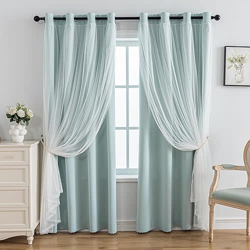 Anytime Home Curtains Blackout and Sheer Layered Solid Window Curtain Panel Pair with Grommet Top, 52Wx84L,Light Blue