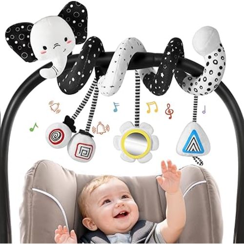 URMYWO Car Seat Toys for Babies 0-6 Months, Hanging Toy Fits Stroller, Sensory Baby Toy with Bell Crinkle Mirror, Baby Travel Gear Shower Gift for Boys Girls, Easter Basket Stuffers