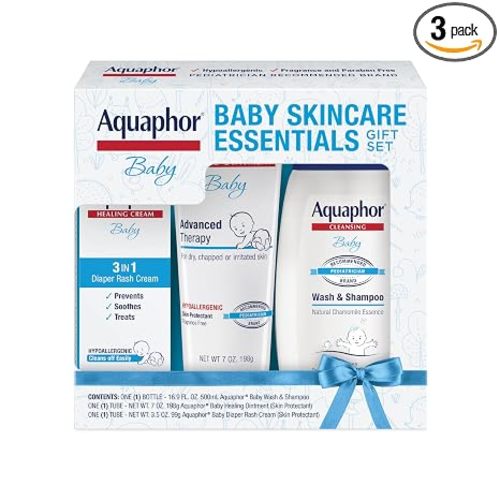 Aquaphor Baby Skin Care Essentials Gift Set, 3 Item Variety Pack | Baby Wash and Shampoo (16.9 FL OZ), Healing Ointment for Chapped Skin and Drool Rash (7 OZ), Diaper Rash Cream (3.5 OZ)
