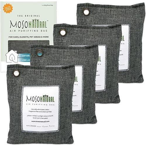 Moso Natural Air Purifying Bag 200g (4 Pack) | Premium Bamboo Charcoal Odor Absorber for Home & Car | Closet Odor Eliminator, Small Room Deodorizer & Car Air Freshener | Long Lasting Charcoal Bags