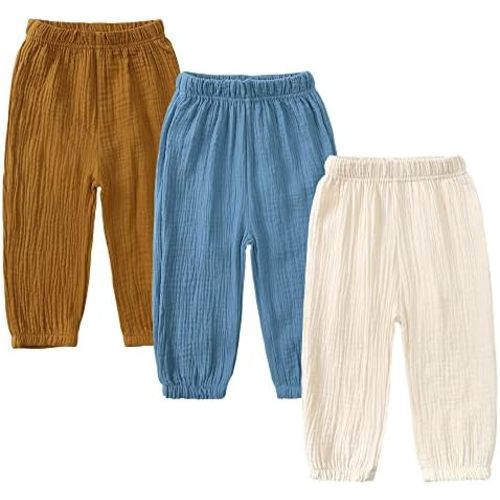 Kids Tales 3 Pack Boys Girls Cotton Linen Pants Child Basic Plain Solid Trousers Big Kids Elastic Waist Long Pants Bloomers