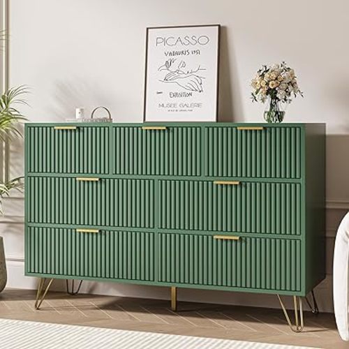 Green Dresser for Bedroom, 7 Drawer Dresser with Gold Pulls, Wide Chest of Drawers for Bedroom, Entryway, 47.2" L x 15.7" D x 31.4" H