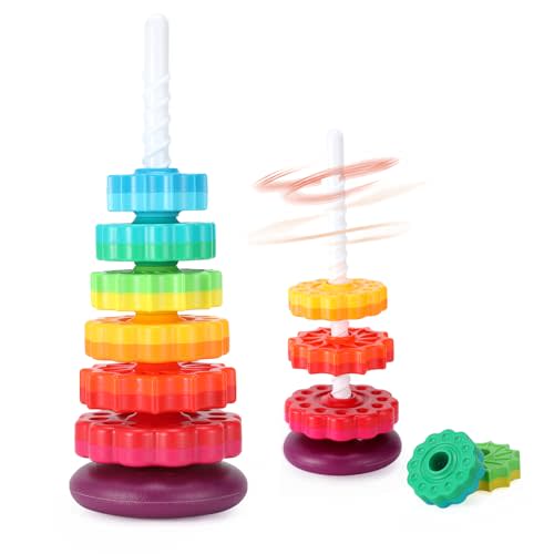 Baby Spinning Stacking Toys, 1-3 Rainbow Ring Stacker Montessori Toys for Babies, Sensory Toys for Toddlers, Christmas and Birthday Gifts Suitable for Boys and Girls (16 inches)