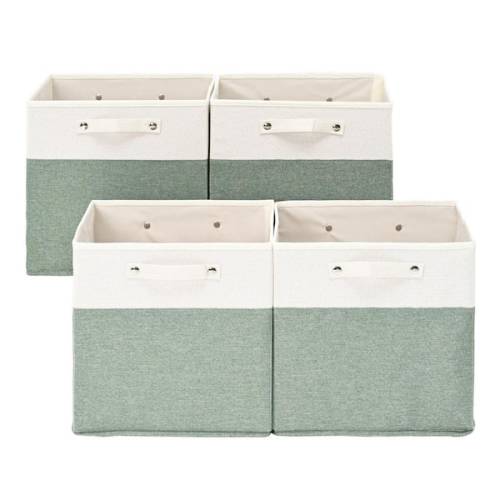 White/Green Fine Linen 13 in. x 13 in. Fabric Storage Bins with Handles, Set of 4 Collapsible Cube Box Organizers