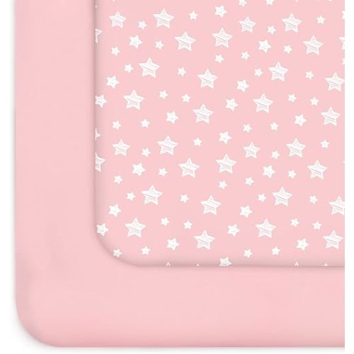 Pack and Play Sheets Girl, 2 Pack Mini Crib Sheets, Stretchy Playard Fitted Sheet, Compatible with Graco Pack n Play, Soft and Breathable Material, Pink&Pink Stars
